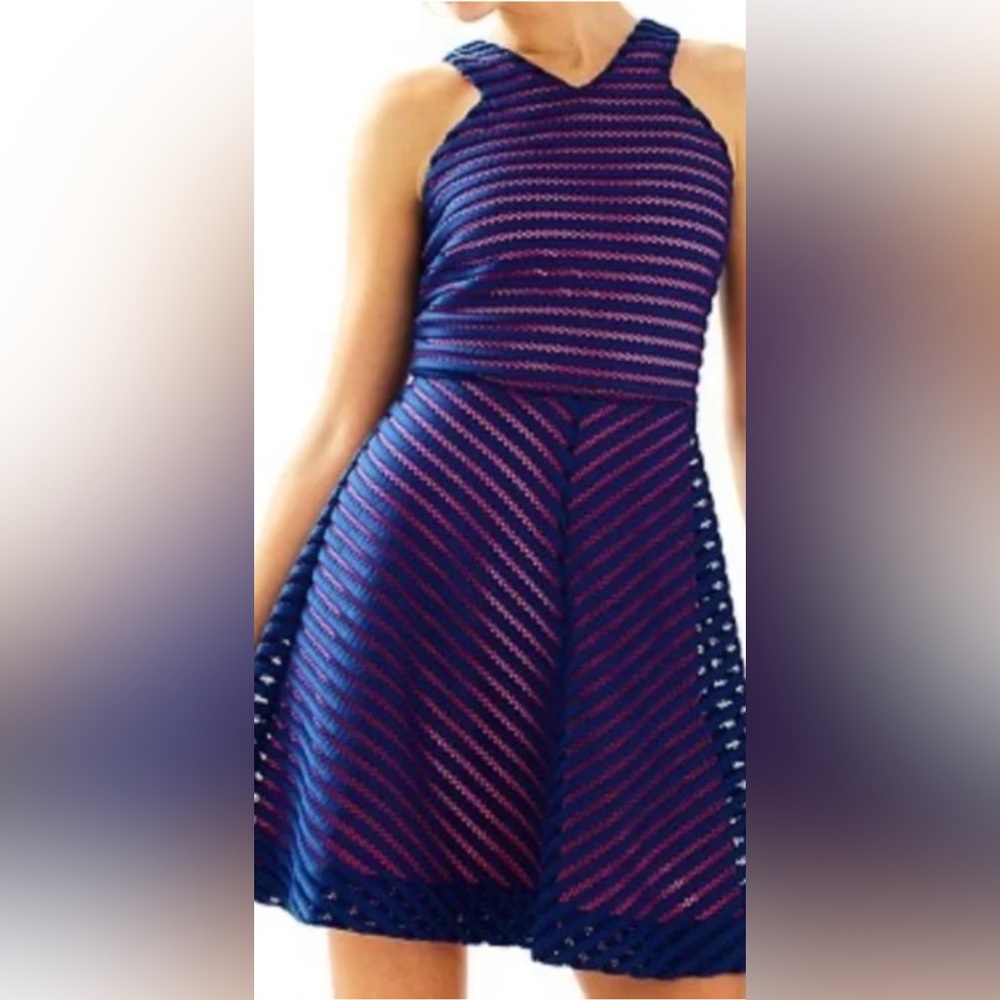 Lilly Pulitzer Megyn Dress True Blue Crocheted Over Pink Halter Fit Flare XS 👍